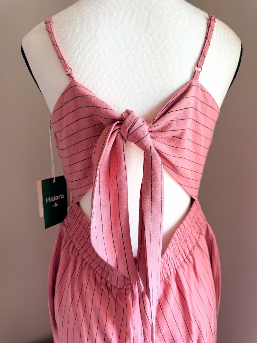 Halara Tie Back Cut Out Stripe Linen-Feel Slip Jumpsuit with Pockets – NWT - Picture 6 of 12